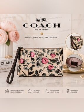 Coach Pink Floral Patent Leather Wristlet with Brown Strap